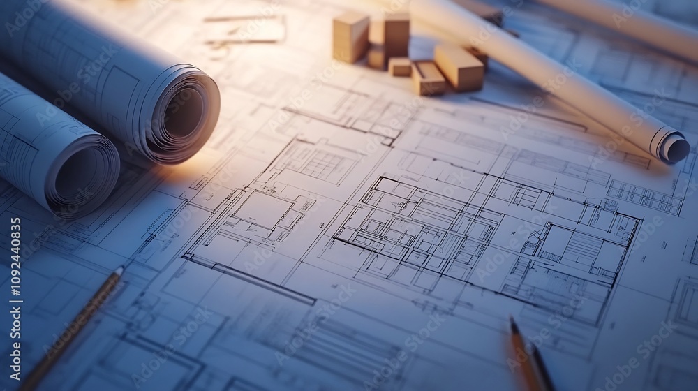 Poster detailed architectural blueprints with multiple building plans and drafting tools depicting the