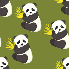 Fototapeta premium Seamless pattern with cute panda baby on color background. Funny asian animals. Card, postcards for kids. Flat vector illustration for fabric, textile, wallpaper, poster, gift wrapping paper.