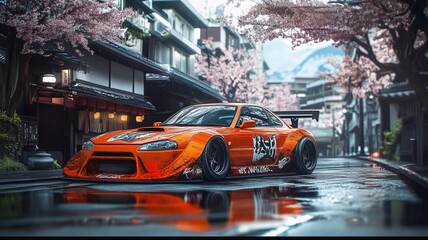 An orange color sport race car in the street of Japan, with cherry blossom trees on the side of the street in springtime