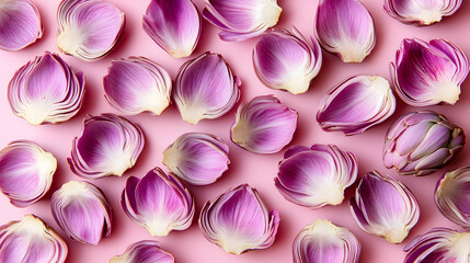 Fototapeta premium Purple Artichoke Petals Arranged on Pink Background: A Detailed Flat Lay Image of Separated Layers Showing Delicate Texture and Hues