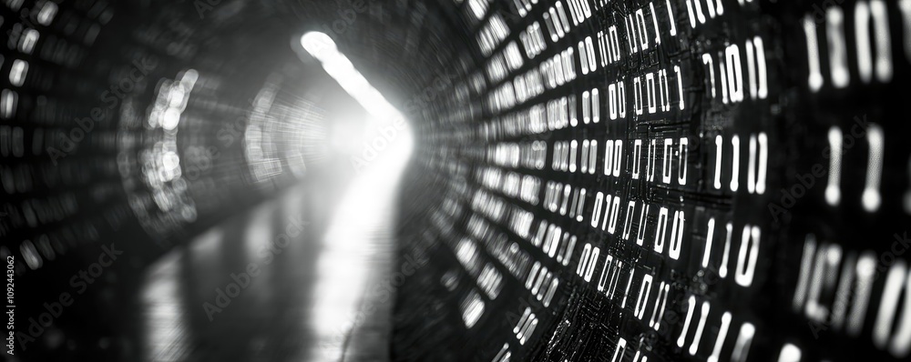 Aufkleber a futuristic tunnel with digital numbers, illuminated by a bright light.