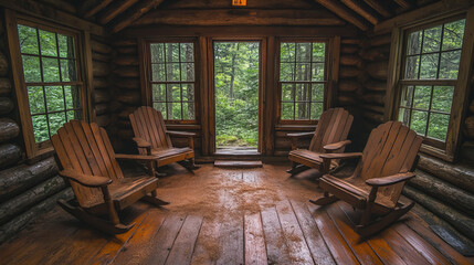 Fototapeta premium cozy wooden cabin interior with four rocking chairs, surrounded by nature. warm wood tones and large windows create serene atmosphere