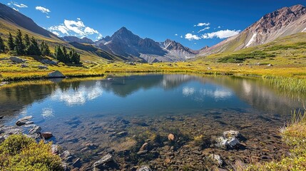 Scenic mountain landscape with a tranquil lake and vibrant green meadows.