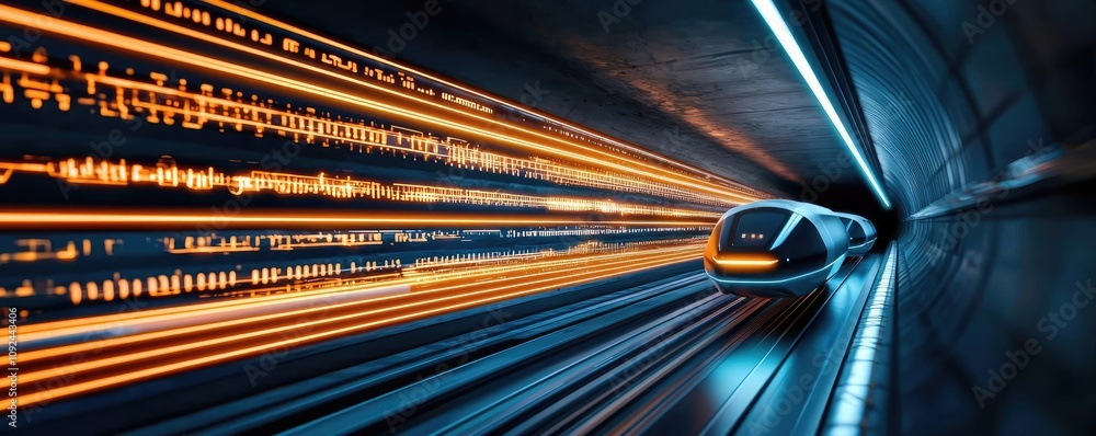 Poster futuristic high-speed train in a tunnel with light trails, motion blur effect.