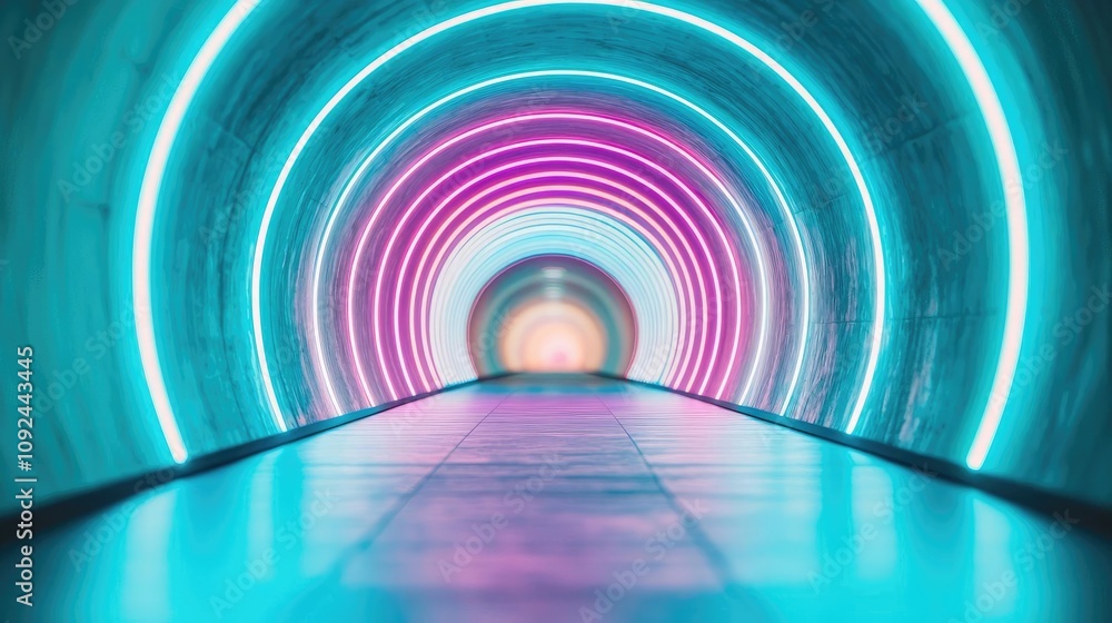 Poster vibrant illuminated tunnel with neon lights, creating a futuristic atmosphere.