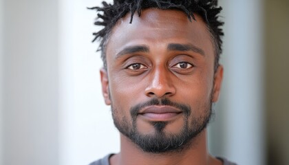 Man with short dreadlocks and confident expression poses for a close-up portrait