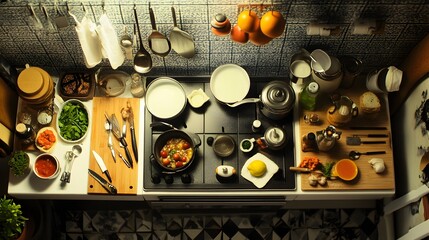 67. Overhead shot of miniature cooking utensils and food items in a model kitchen scene