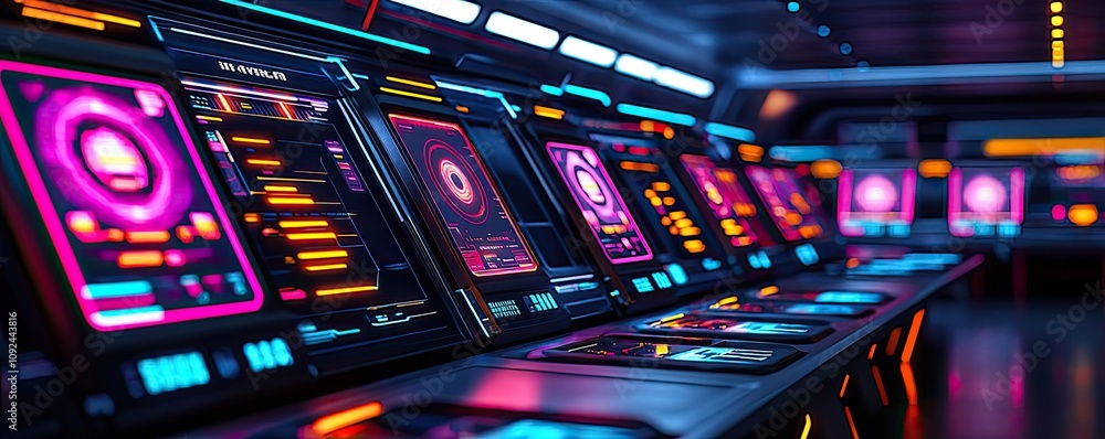 Poster futuristic control panels with bright neon lights and high-tech interfaces.