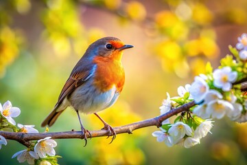 Obraz premium Robin perched on a branch, spring's beauty unfolds, leaving room for your message.
