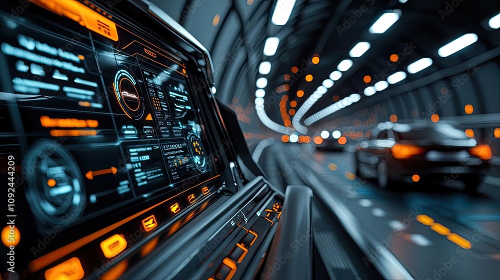 Poster futuristic car dashboard in a tunnel, illuminated interface and moving vehicles.