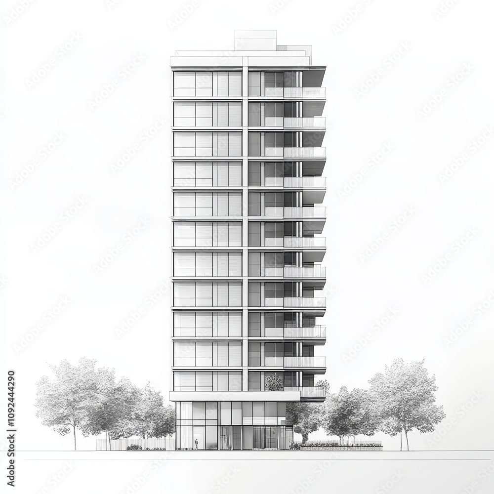 Poster modern architectural design showcasing a sleek, tall building with large windows and surrounding gre