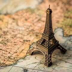 Eiffel Tower miniature on map for travel.
