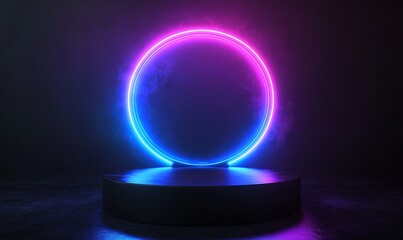 Glowing neon ring with smoke above a black platform in a dark room.