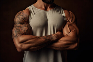 Man training in gym with free weights intensely for hypertrophy results
