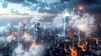 Obraz premium Futuristic Cityscape: Illuminated Towers Emerge from Clouds at Dusk