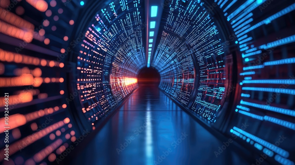 Poster futuristic tunnel with vibrant glowing lights and digital patterns.