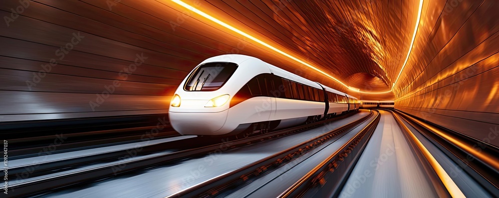 Poster high-speed train entering a tunnel with dynamic lighting effects.