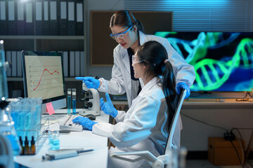 Two Asian female scientists talk Discuss concepts and use PC in evaluating research data in Medical...