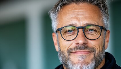 Obraz premium Middle-aged man with glasses smiling confidently in a bright, modern environment