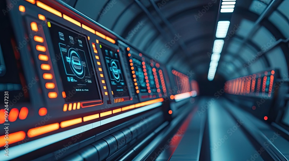 Poster futuristic tunnel with illuminated panels and screens in a sci-fi environment.