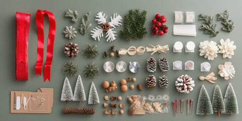 Top view of the contents of a Christmas tree ornaments DIY kit laid out on a table, with ribbons, glitter, and small decorative pieces ready for use.