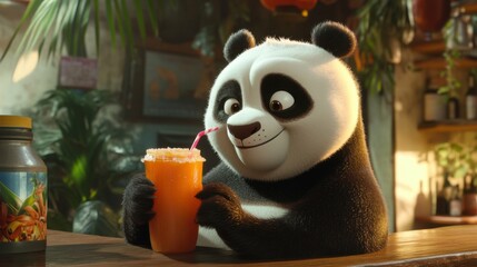 A sweet black and white panda enjoying a smoothie at a tropical juice bar, remarkably detailed