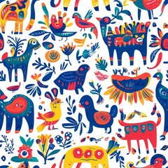 Whimsical Animal Folk Art Seamless Pattern