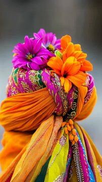 A close-up view of a richly colored turban, predominantly orange, is accented with a cluster of bright pink and orange flowers