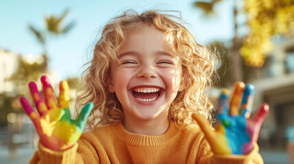 Joyful Child Shows off Colorful Hands With Paint While Smiling in Outdoor Setting During Daytime, Surrounded by Greenery and Urban Backdrop