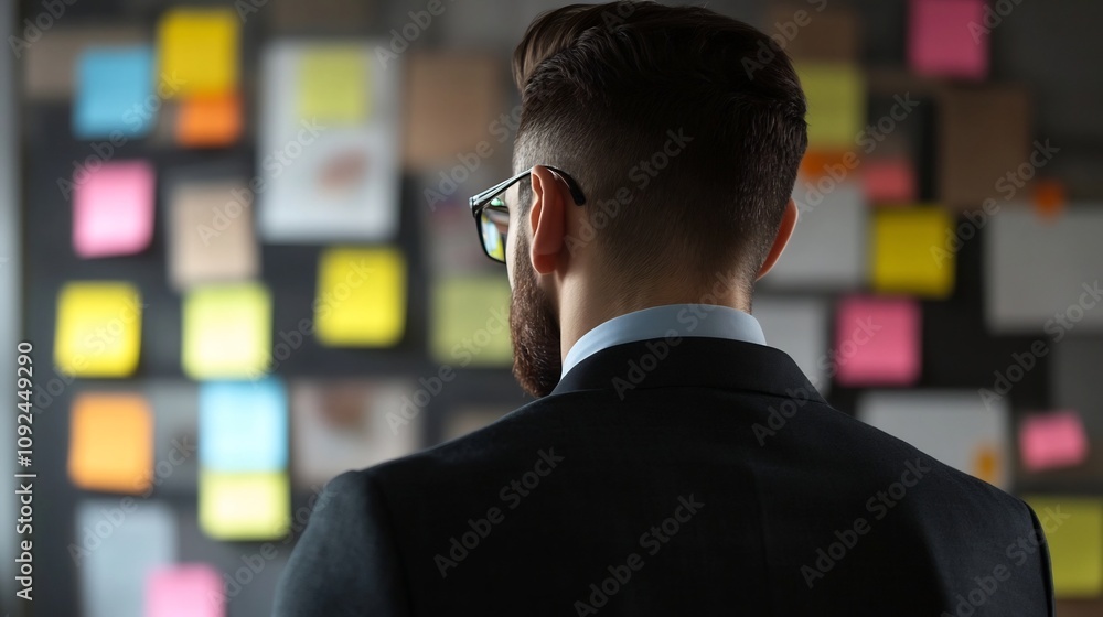 Poster businessman strategizing for growth and success with indicators and data analysis