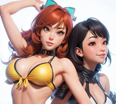 3D style illustration of two girls posing in cute poses. AI-Generated