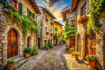Fototapeta premium Enchanting Views of Traditional Medieval Villages in Vittorio Veneto, Veneto Province, Showcasing Stone Architecture, Quaint Streets, and Historic Charm in Northern Italy