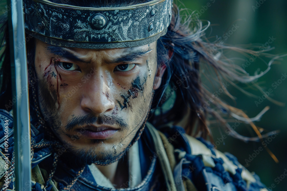 Poster portrait of a samurai in armor in attack position ai generative