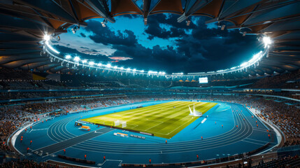 Illuminated modern sports stadium with a vibrant crowd and blue track under a dramatic evening sky
