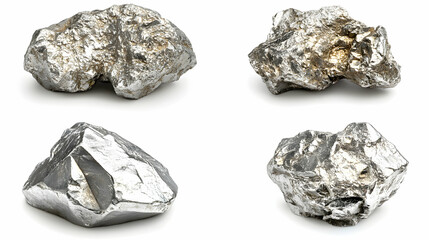 Four Rough Silver-Colored Rocks Isolated on White Background: Detailed 3D Render of Mineral Specimens