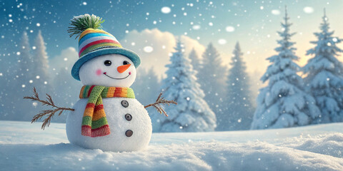 Fototapeta premium Snowman and Christmas Tree Poster - Festive Winter Holiday Design for Prints and Cards