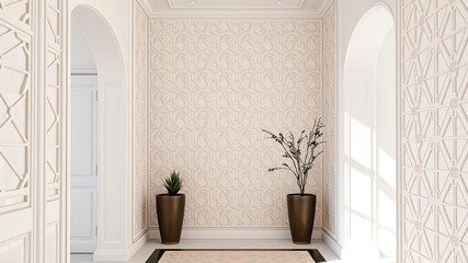 Off-white colored foyer accent wall with geometric pattern, geometric patterns, bold accents