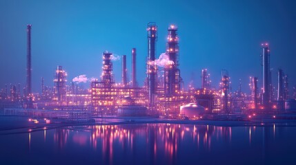 Obraz premium Oil refinery terminal. Power energy industry. Oil refinery factory with electric lights. Gas and oil refinery industrial complex with pipelines