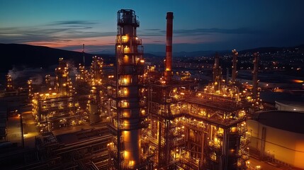 Obraz premium Oil refinery terminal. Power energy industry. Oil refinery factory with electric lights. Gas and oil refinery industrial complex with pipelines