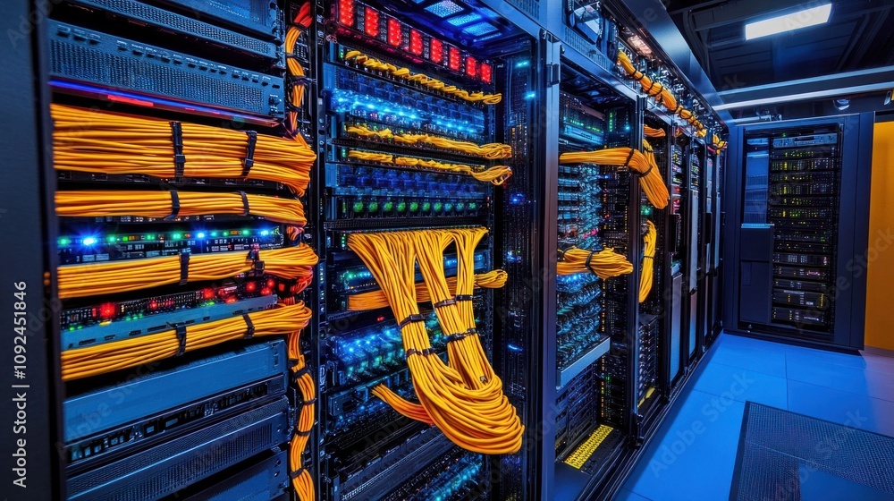 Poster illuminated network server room with orange cables