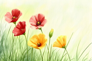 Fototapeta premium Watercolor Painting of Poppies and California Poppies Blooming in a Field