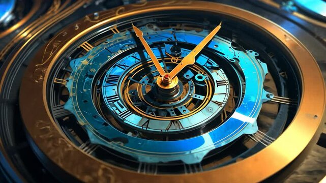 Video footage of close up of an intricate, steampunk style clock with golden hands and detailed gears, showcasing a blend of mechanical artistry and timekeeping precision