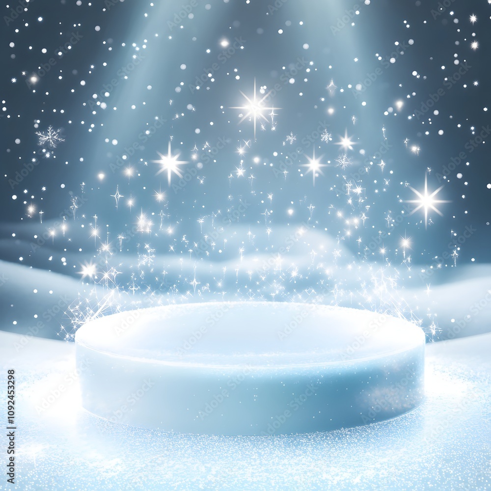 Poster an elegant podium made of frosted acrylic, surrounded by sparkling stars and soft white lights. the 