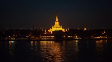 Fototapeta premium Wat Saket (Golden Mount) illuminated at night, standing out against the Bangkok skyline