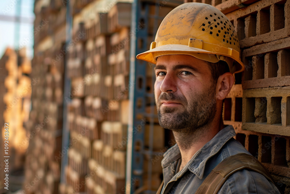 Poster portrait of a young caucasian bricklayer builder in a helmet and uniform generative ai