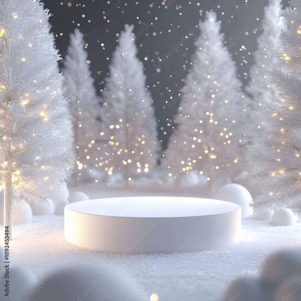 Poster a soft white podium decorated with tiny golden lights, surrounded by frosted trees and a shimmering 