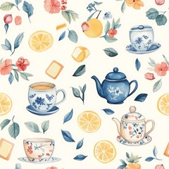 Cozy Watercolor Tea Set Pattern with Whimsical Elements
