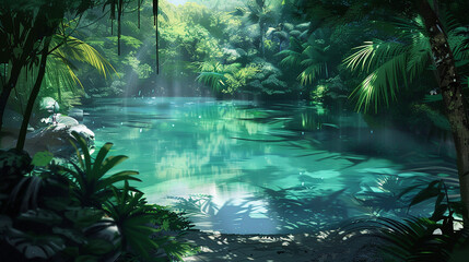 A hidden lagoon, its surface adorned with the delicate shadows of tropical foliage, creating a serene and enchanting scene.