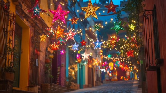 Vibrant Guanajuato Street Decked Out for Christmas Posada