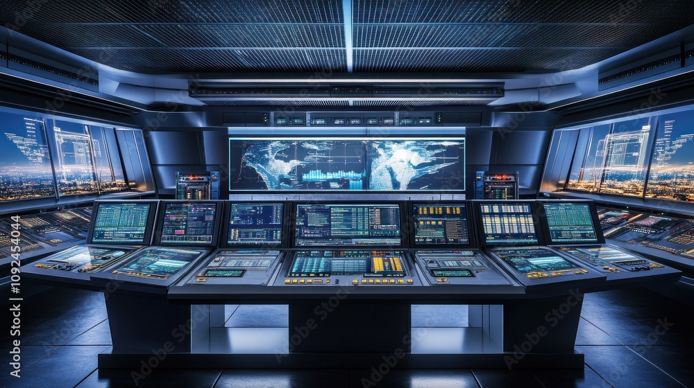 Poster Futuristic Control Room With Advanced Monitoring Systems